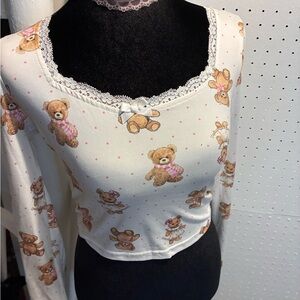 Teddy Bear Print Lace Trim Long Sleeve Top - White & Brown set